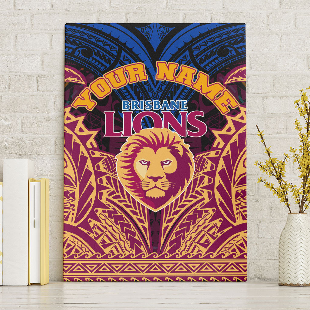 Personalized Brisbane Lions Canvas Wall Art Polynesian Tribal Lion Burgundy Gold Warrior