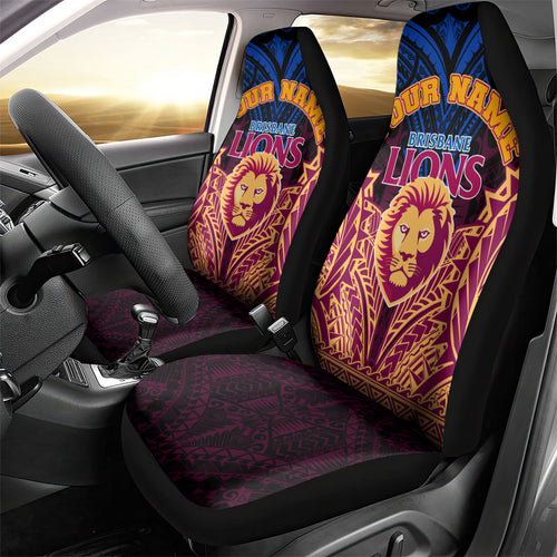 Personalized Brisbane Lions Car Seat Cover Polynesian Tribal Lion Burgundy Gold Warrior