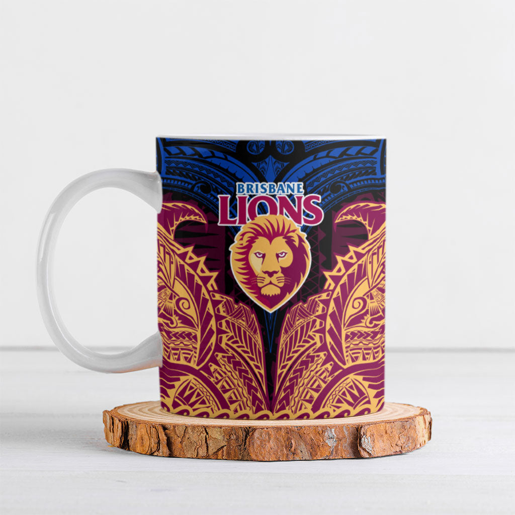 Personalized Brisbane Lions Ceramic Mug Polynesian Tribal Lion Burgundy Gold Warrior