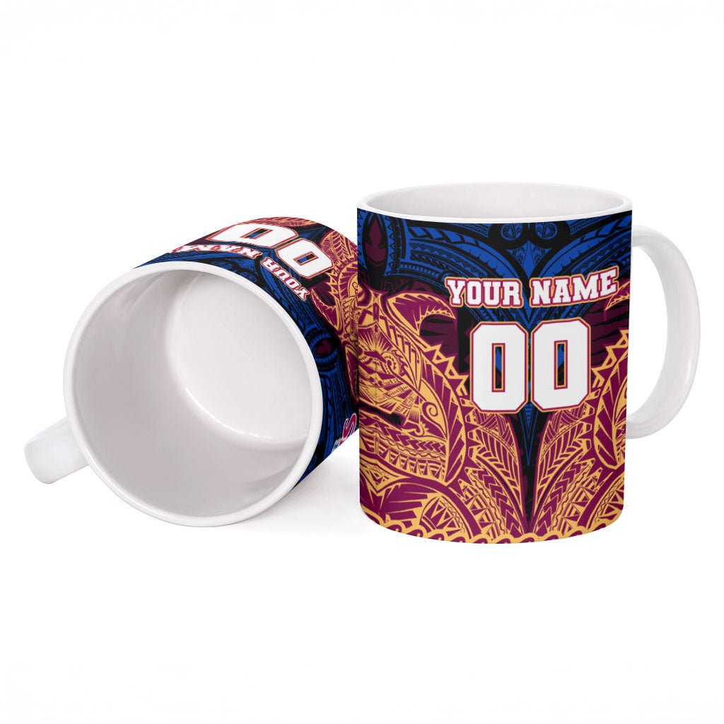 Personalized Brisbane Lions Ceramic Mug Polynesian Tribal Lion Burgundy Gold Warrior