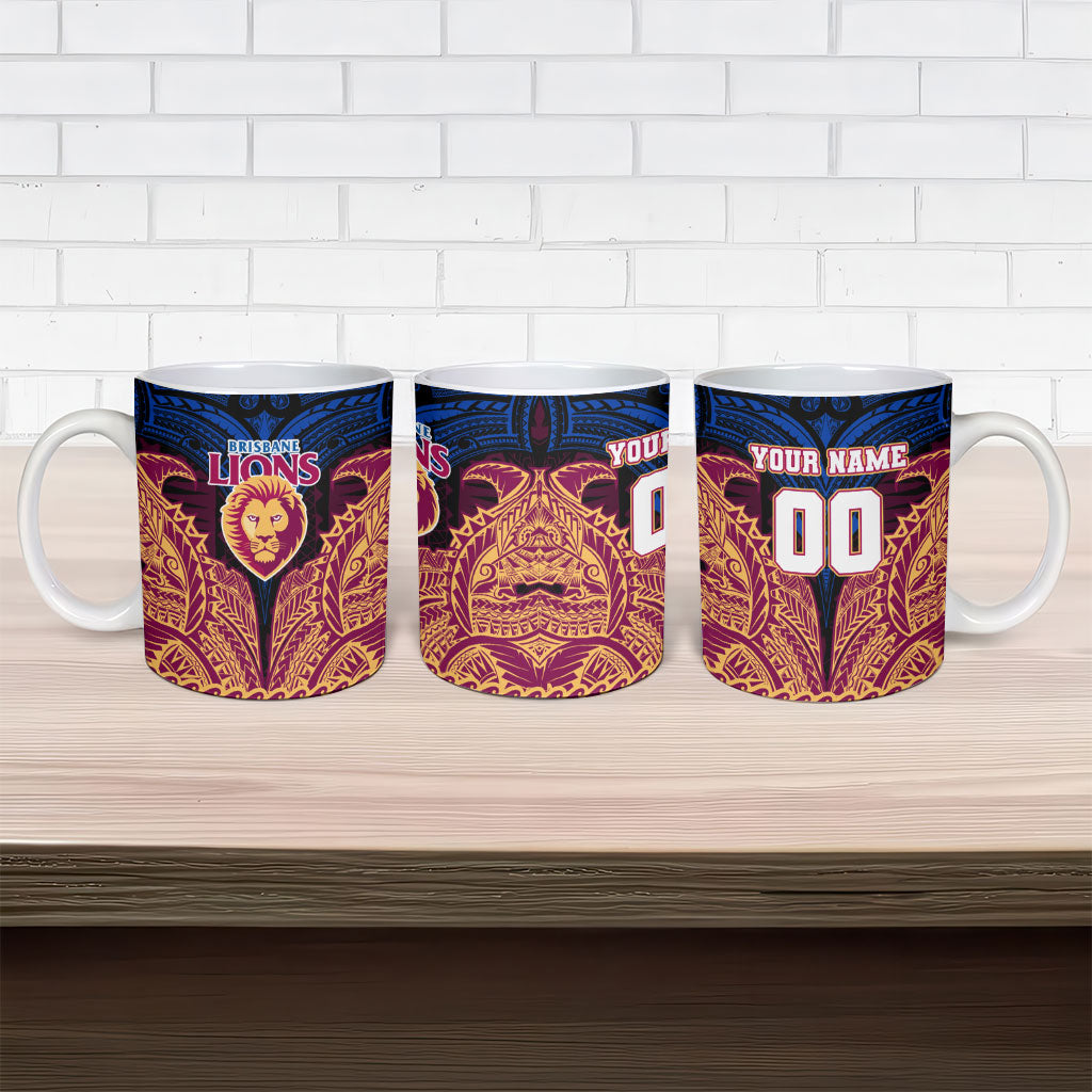 Personalized Brisbane Lions Ceramic Mug Polynesian Tribal Lion Burgundy Gold Warrior