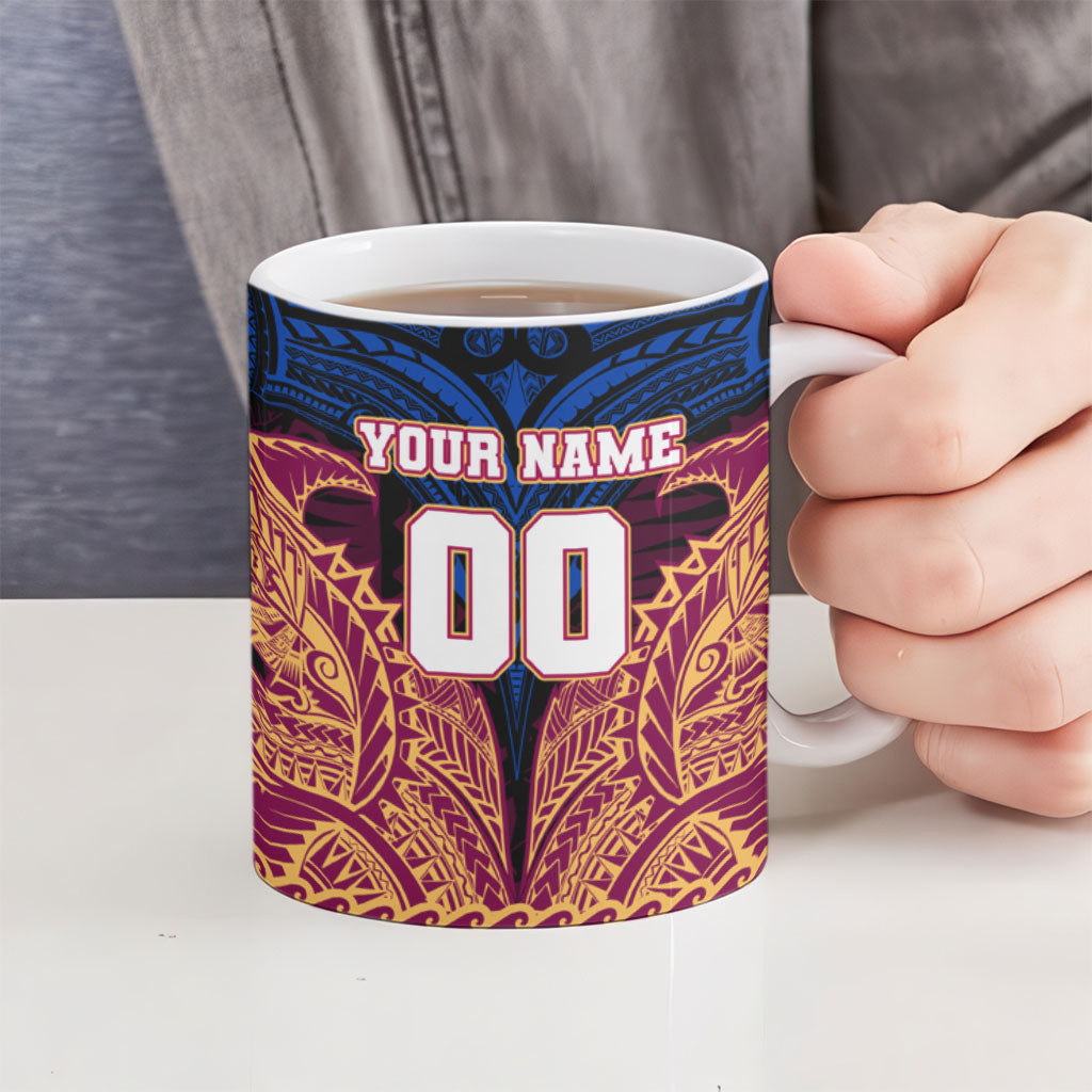 Personalized Brisbane Lions Ceramic Mug Polynesian Tribal Lion Burgundy Gold Warrior