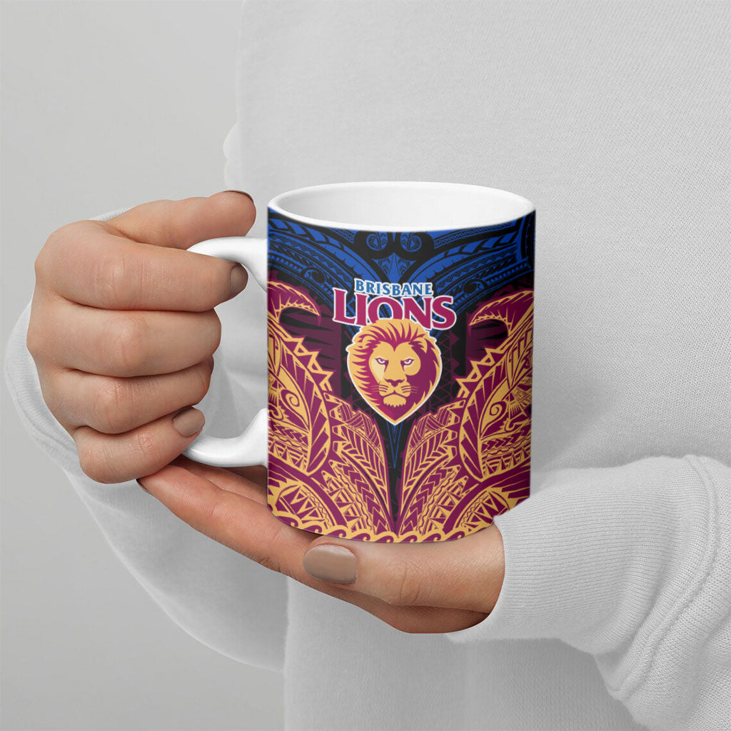 Personalized Brisbane Lions Ceramic Mug Polynesian Tribal Lion Burgundy Gold Warrior