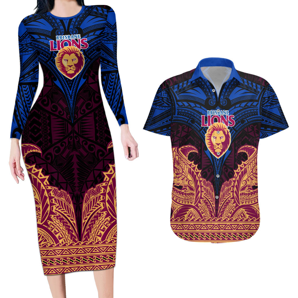 Personalized Brisbane Lions Couples Matching Long Sleeve Bodycon Dress and Hawaiian Shirt Polynesian Tribal Lion Burgundy Gold Warrior