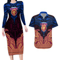 Personalized Brisbane Lions Couples Matching Long Sleeve Bodycon Dress and Hawaiian Shirt Polynesian Tribal Lion Burgundy Gold Warrior
