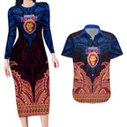 Personalized Brisbane Lions Couples Matching Long Sleeve Bodycon Dress and Hawaiian Shirt Polynesian Tribal Lion Burgundy Gold Warrior