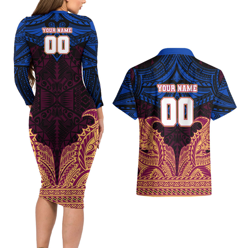Personalized Brisbane Lions Couples Matching Long Sleeve Bodycon Dress and Hawaiian Shirt Polynesian Tribal Lion Burgundy Gold Warrior