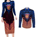 Personalized Brisbane Lions Couples Matching Long Sleeve Bodycon Dress and Long Sleeve Button Shirt Polynesian Tribal Lion Burgundy Gold Warrior