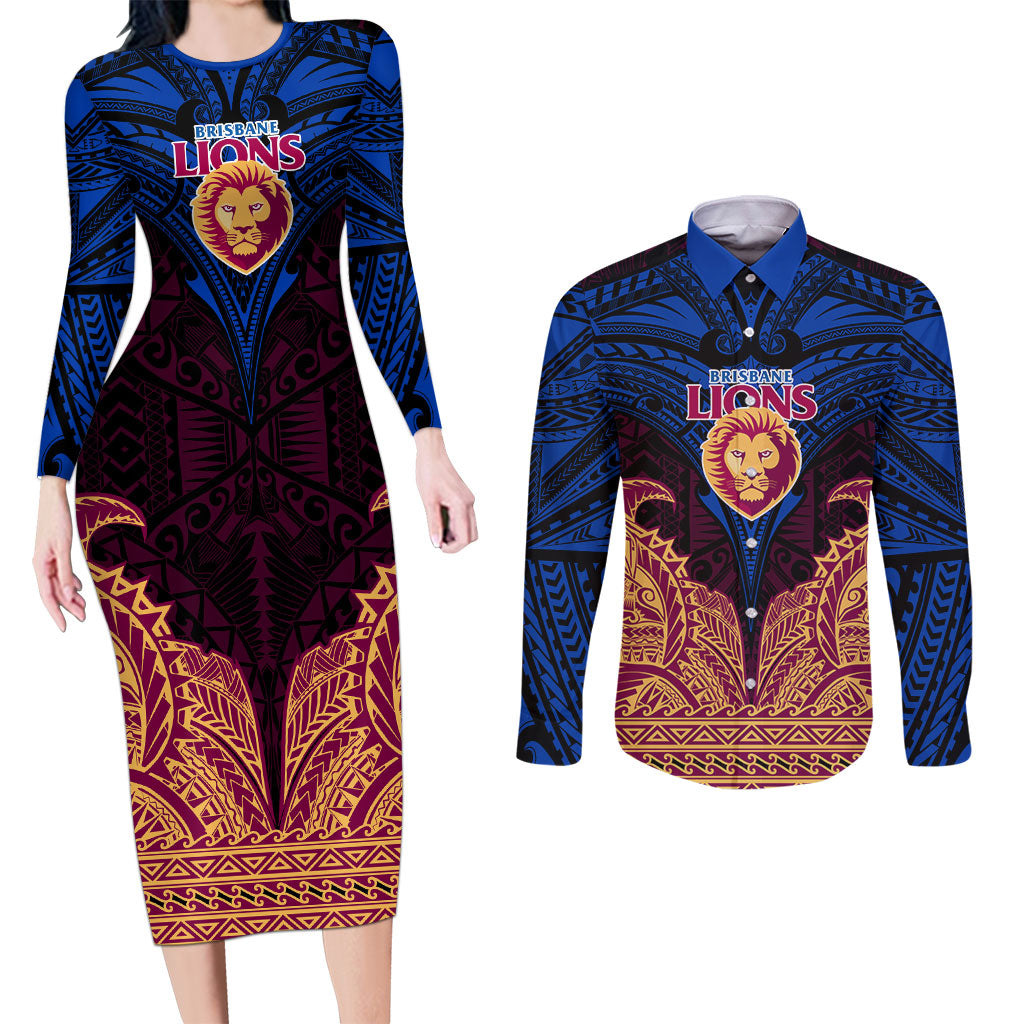 Personalized Brisbane Lions Couples Matching Long Sleeve Bodycon Dress and Long Sleeve Button Shirt Polynesian Tribal Lion Burgundy Gold Warrior