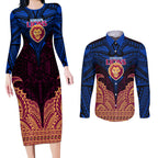 Personalized Brisbane Lions Couples Matching Long Sleeve Bodycon Dress and Long Sleeve Button Shirt Polynesian Tribal Lion Burgundy Gold Warrior
