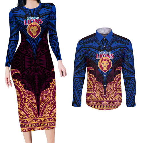 Personalized Brisbane Lions Couples Matching Long Sleeve Bodycon Dress and Long Sleeve Button Shirt Polynesian Tribal Lion Burgundy Gold Warrior