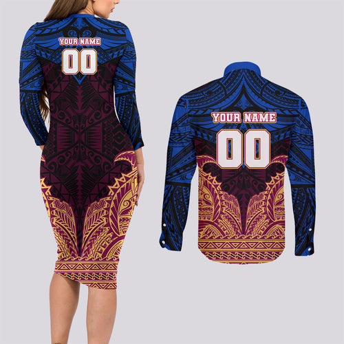 Personalized Brisbane Lions Couples Matching Long Sleeve Bodycon Dress and Long Sleeve Button Shirt Polynesian Tribal Lion Burgundy Gold Warrior