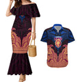 Personalized Brisbane Lions Couples Matching Mermaid Dress and Hawaiian Shirt Polynesian Tribal Lion Burgundy Gold Warrior