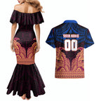 Personalized Brisbane Lions Couples Matching Mermaid Dress and Hawaiian Shirt Polynesian Tribal Lion Burgundy Gold Warrior