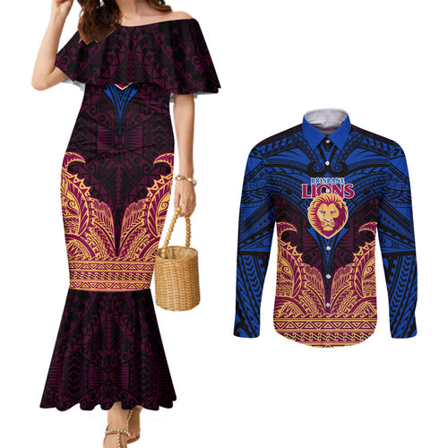 Personalized Brisbane Lions Couples Matching Mermaid Dress and Long Sleeve Button Shirt Polynesian Tribal Lion Burgundy Gold Warrior