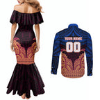 Personalized Brisbane Lions Couples Matching Mermaid Dress and Long Sleeve Button Shirt Polynesian Tribal Lion Burgundy Gold Warrior