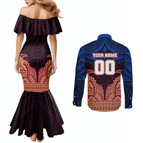 Personalized Brisbane Lions Couples Matching Mermaid Dress and Long Sleeve Button Shirt Polynesian Tribal Lion Burgundy Gold Warrior