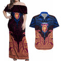 Personalized Brisbane Lions Couples Matching Off Shoulder Maxi Dress and Hawaiian Shirt Polynesian Tribal Lion Burgundy Gold Warrior