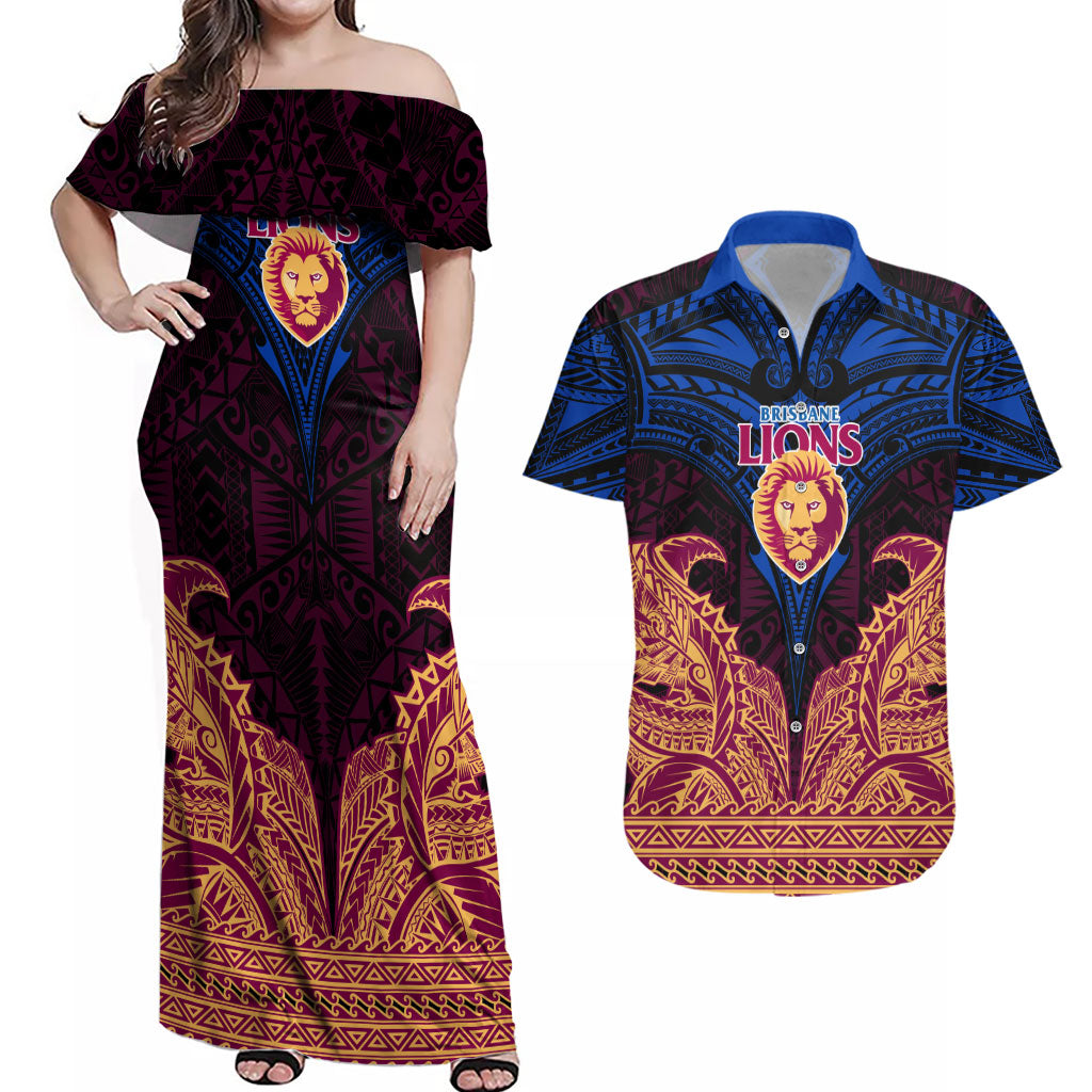 Personalized Brisbane Lions Couples Matching Off Shoulder Maxi Dress and Hawaiian Shirt Polynesian Tribal Lion Burgundy Gold Warrior