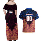 Personalized Brisbane Lions Couples Matching Off Shoulder Maxi Dress and Hawaiian Shirt Polynesian Tribal Lion Burgundy Gold Warrior