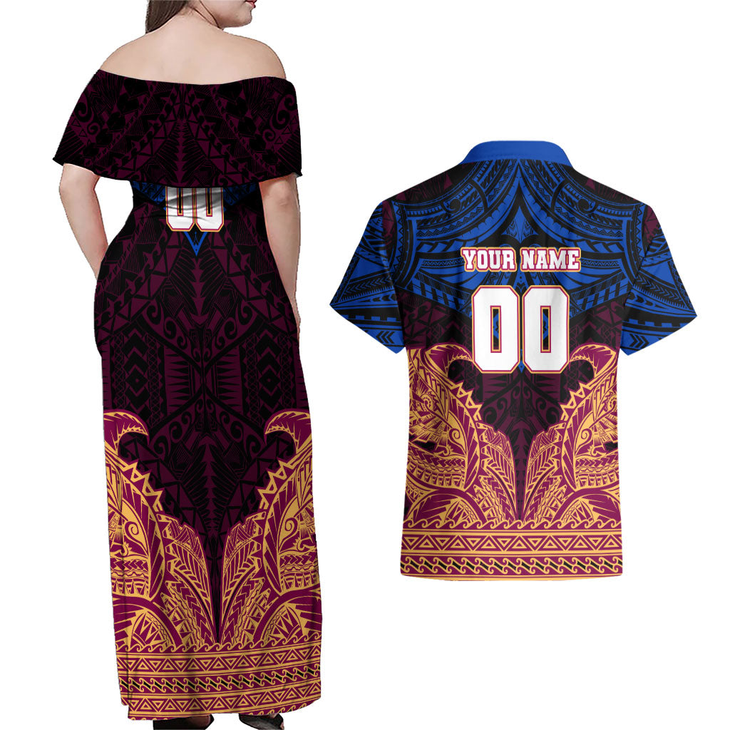 Personalized Brisbane Lions Couples Matching Off Shoulder Maxi Dress and Hawaiian Shirt Polynesian Tribal Lion Burgundy Gold Warrior