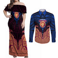 Personalized Brisbane Lions Couples Matching Off Shoulder Maxi Dress and Long Sleeve Button Shirt Polynesian Tribal Lion Burgundy Gold Warrior