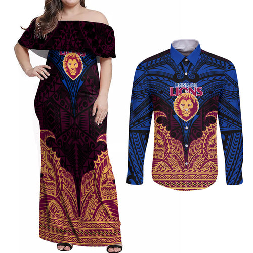 Personalized Brisbane Lions Couples Matching Off Shoulder Maxi Dress and Long Sleeve Button Shirt Polynesian Tribal Lion Burgundy Gold Warrior