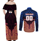 Personalized Brisbane Lions Couples Matching Off Shoulder Maxi Dress and Long Sleeve Button Shirt Polynesian Tribal Lion Burgundy Gold Warrior