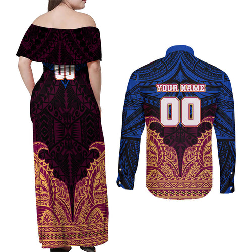 Personalized Brisbane Lions Couples Matching Off Shoulder Maxi Dress and Long Sleeve Button Shirt Polynesian Tribal Lion Burgundy Gold Warrior