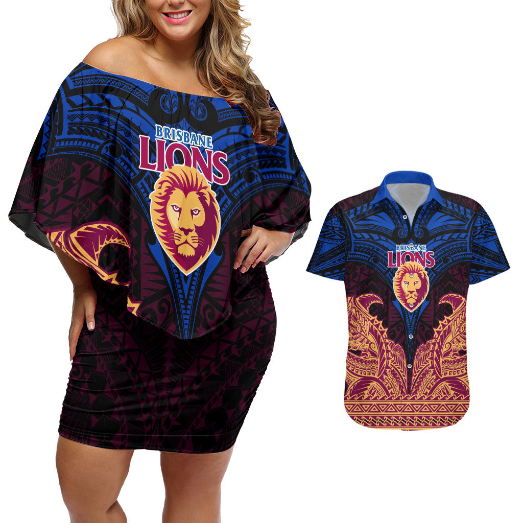 Personalized Brisbane Lions Couples Matching Off Shoulder Short Dress and Hawaiian Shirt Polynesian Tribal Lion Burgundy Gold Warrior