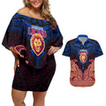 Personalized Brisbane Lions Couples Matching Off Shoulder Short Dress and Hawaiian Shirt Polynesian Tribal Lion Burgundy Gold Warrior