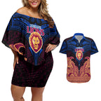 Personalized Brisbane Lions Couples Matching Off Shoulder Short Dress and Hawaiian Shirt Polynesian Tribal Lion Burgundy Gold Warrior