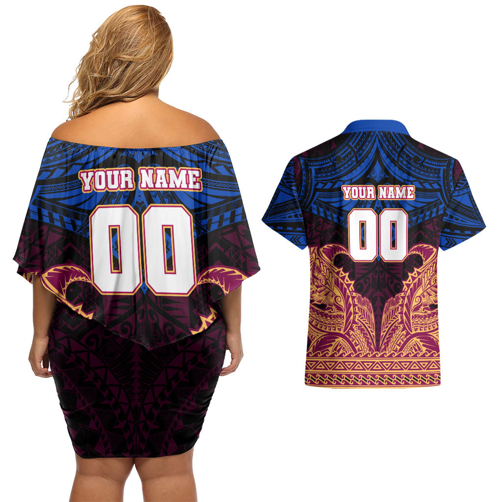 Personalized Brisbane Lions Couples Matching Off Shoulder Short Dress and Hawaiian Shirt Polynesian Tribal Lion Burgundy Gold Warrior
