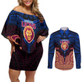 Personalized Brisbane Lions Couples Matching Off Shoulder Short Dress and Long Sleeve Button Shirt Polynesian Tribal Lion Burgundy Gold Warrior