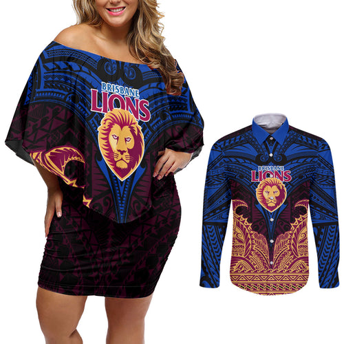 Personalized Brisbane Lions Couples Matching Off Shoulder Short Dress and Long Sleeve Button Shirt Polynesian Tribal Lion Burgundy Gold Warrior