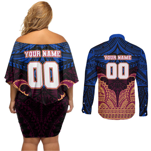 Personalized Brisbane Lions Couples Matching Off Shoulder Short Dress and Long Sleeve Button Shirt Polynesian Tribal Lion Burgundy Gold Warrior