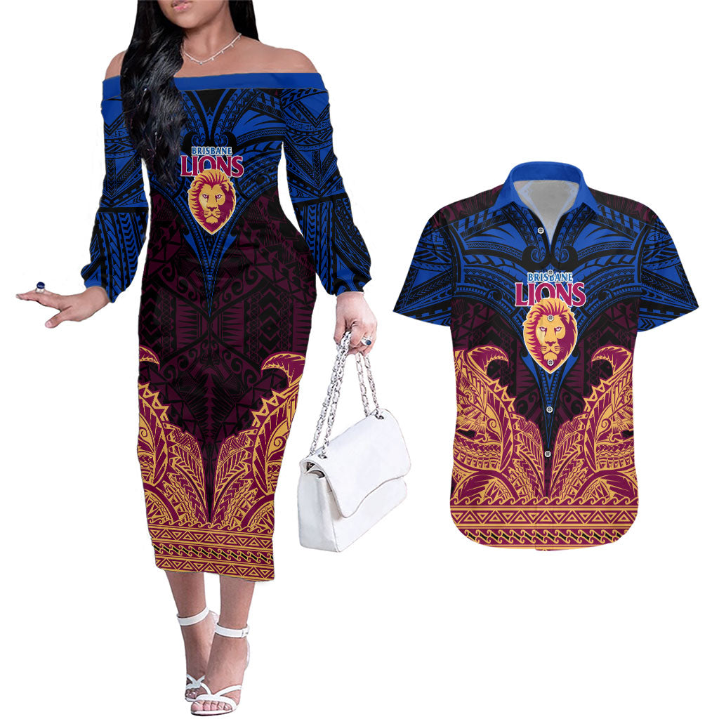 Personalized Brisbane Lions Couples Matching Off The Shoulder Long Sleeve Dress and Hawaiian Shirt Polynesian Tribal Lion Burgundy Gold Warrior
