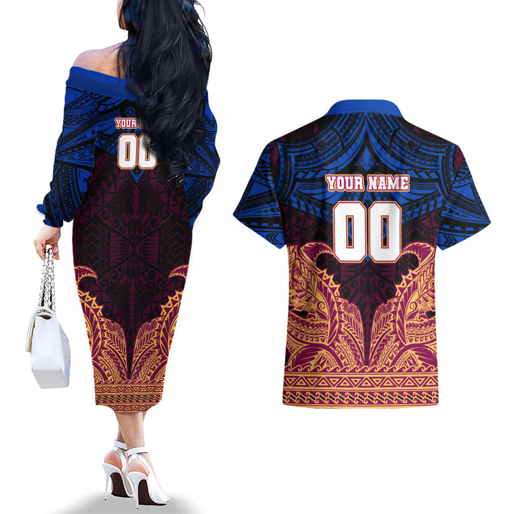 Personalized Brisbane Lions Couples Matching Off The Shoulder Long Sleeve Dress and Hawaiian Shirt Polynesian Tribal Lion Burgundy Gold Warrior