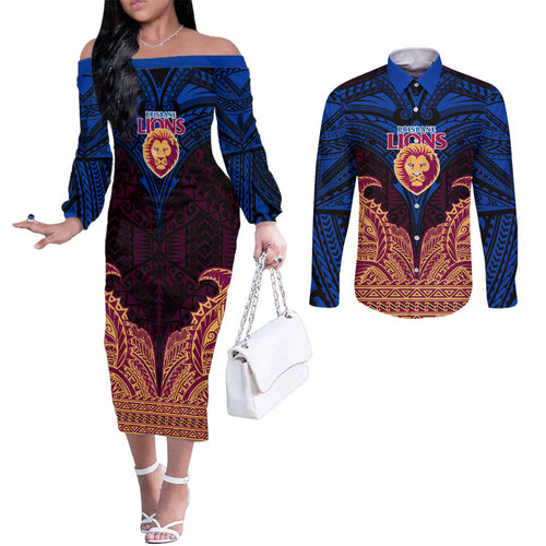 Personalized Brisbane Lions Couples Matching Off The Shoulder Long Sleeve Dress and Long Sleeve Button Shirt Polynesian Tribal Lion Burgundy Gold Warrior