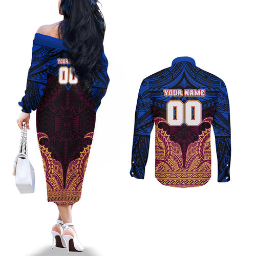Personalized Brisbane Lions Couples Matching Off The Shoulder Long Sleeve Dress and Long Sleeve Button Shirt Polynesian Tribal Lion Burgundy Gold Warrior