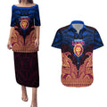 Personalized Brisbane Lions Couples Matching Puletasi and Hawaiian Shirt Polynesian Tribal Lion Burgundy Gold Warrior