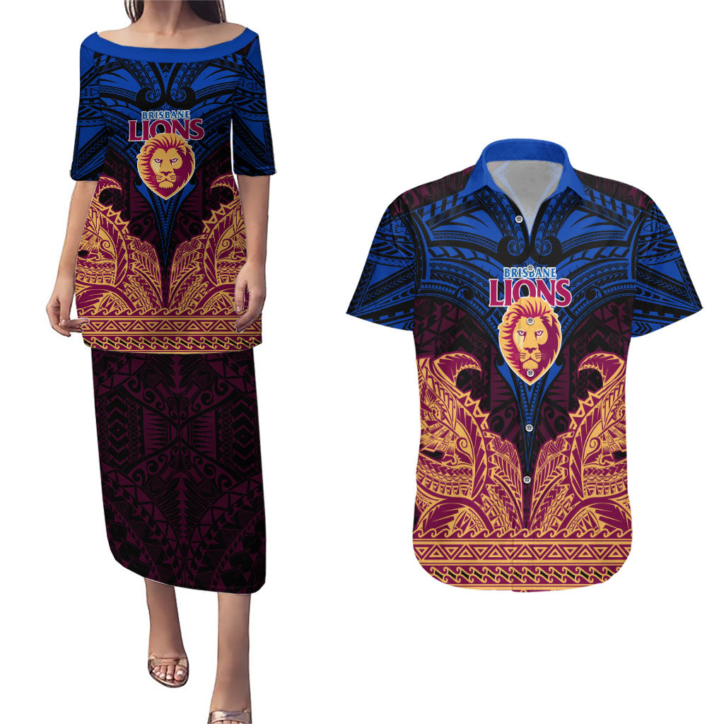 Personalized Brisbane Lions Couples Matching Puletasi and Hawaiian Shirt Polynesian Tribal Lion Burgundy Gold Warrior