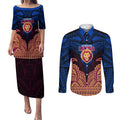 Personalized Brisbane Lions Couples Matching Puletasi and Long Sleeve Button Shirt Polynesian Tribal Lion Burgundy Gold Warrior