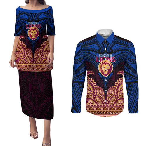 Personalized Brisbane Lions Couples Matching Puletasi and Long Sleeve Button Shirt Polynesian Tribal Lion Burgundy Gold Warrior