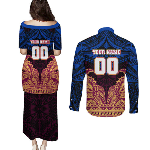 Personalized Brisbane Lions Couples Matching Puletasi and Long Sleeve Button Shirt Polynesian Tribal Lion Burgundy Gold Warrior