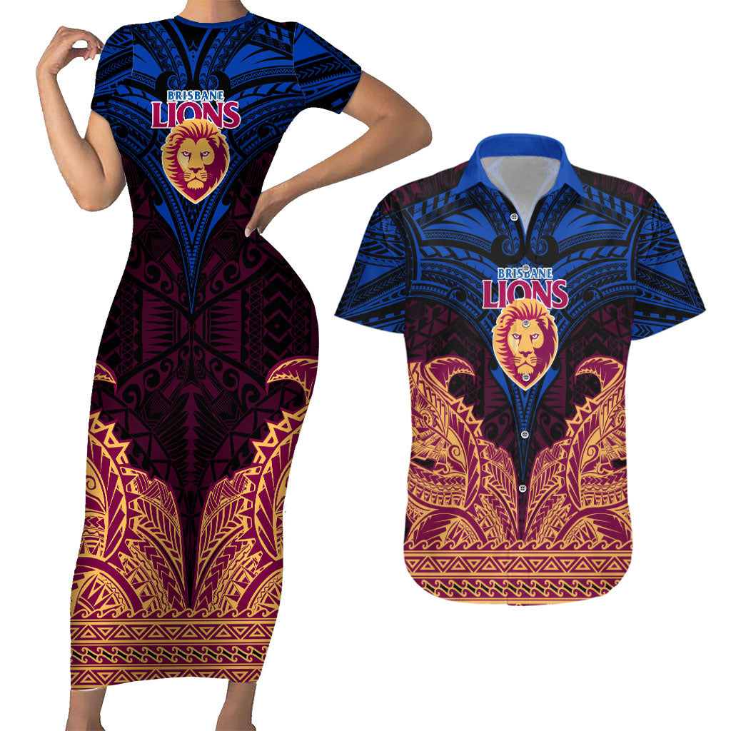 Personalized Brisbane Lions Couples Matching Short Sleeve Bodycon Dress and Hawaiian Shirt Polynesian Tribal Lion Burgundy Gold Warrior