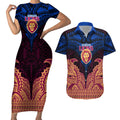 Personalized Brisbane Lions Couples Matching Short Sleeve Bodycon Dress and Hawaiian Shirt Polynesian Tribal Lion Burgundy Gold Warrior