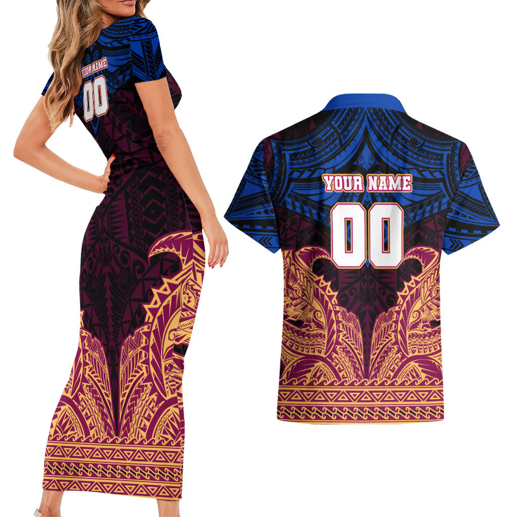 Personalized Brisbane Lions Couples Matching Short Sleeve Bodycon Dress and Hawaiian Shirt Polynesian Tribal Lion Burgundy Gold Warrior