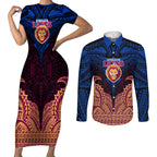 Personalized Brisbane Lions Couples Matching Short Sleeve Bodycon Dress and Long Sleeve Button Shirt Polynesian Tribal Lion Burgundy Gold Warrior