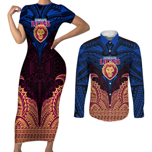 Personalized Brisbane Lions Couples Matching Short Sleeve Bodycon Dress and Long Sleeve Button Shirt Polynesian Tribal Lion Burgundy Gold Warrior